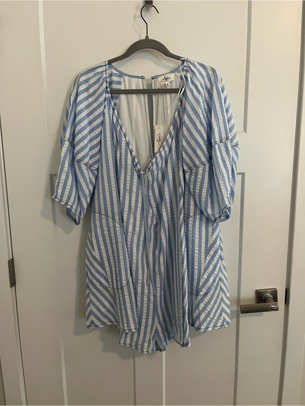 Able Light Blue & White Striped V-Neck Romper